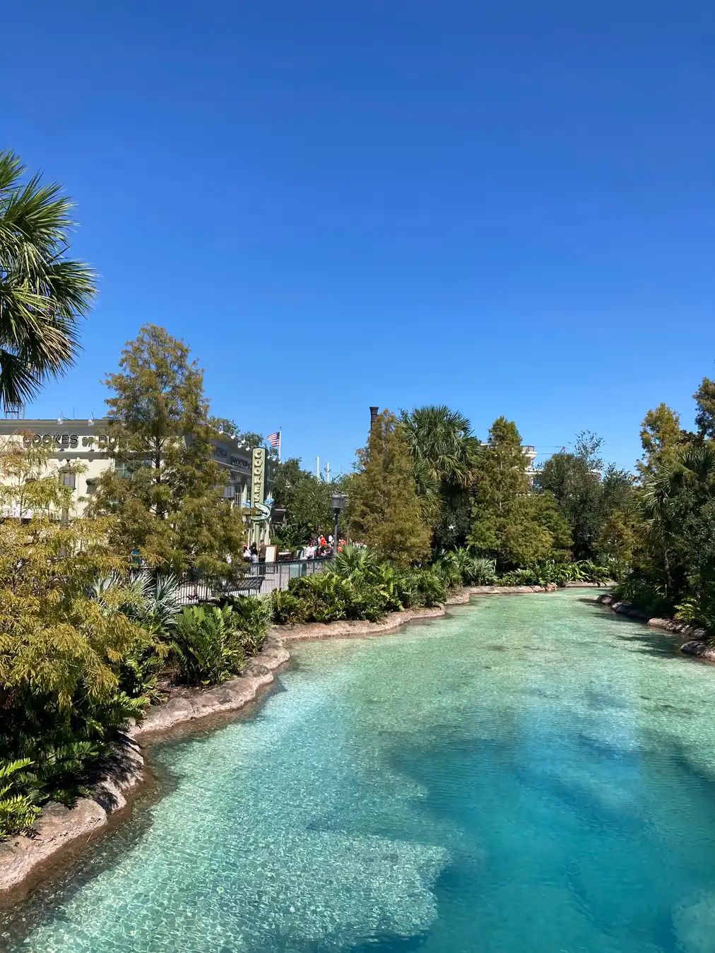 The clear turquoise waterway of Disney Springs lined with cypress trees and shops, under a blue sky