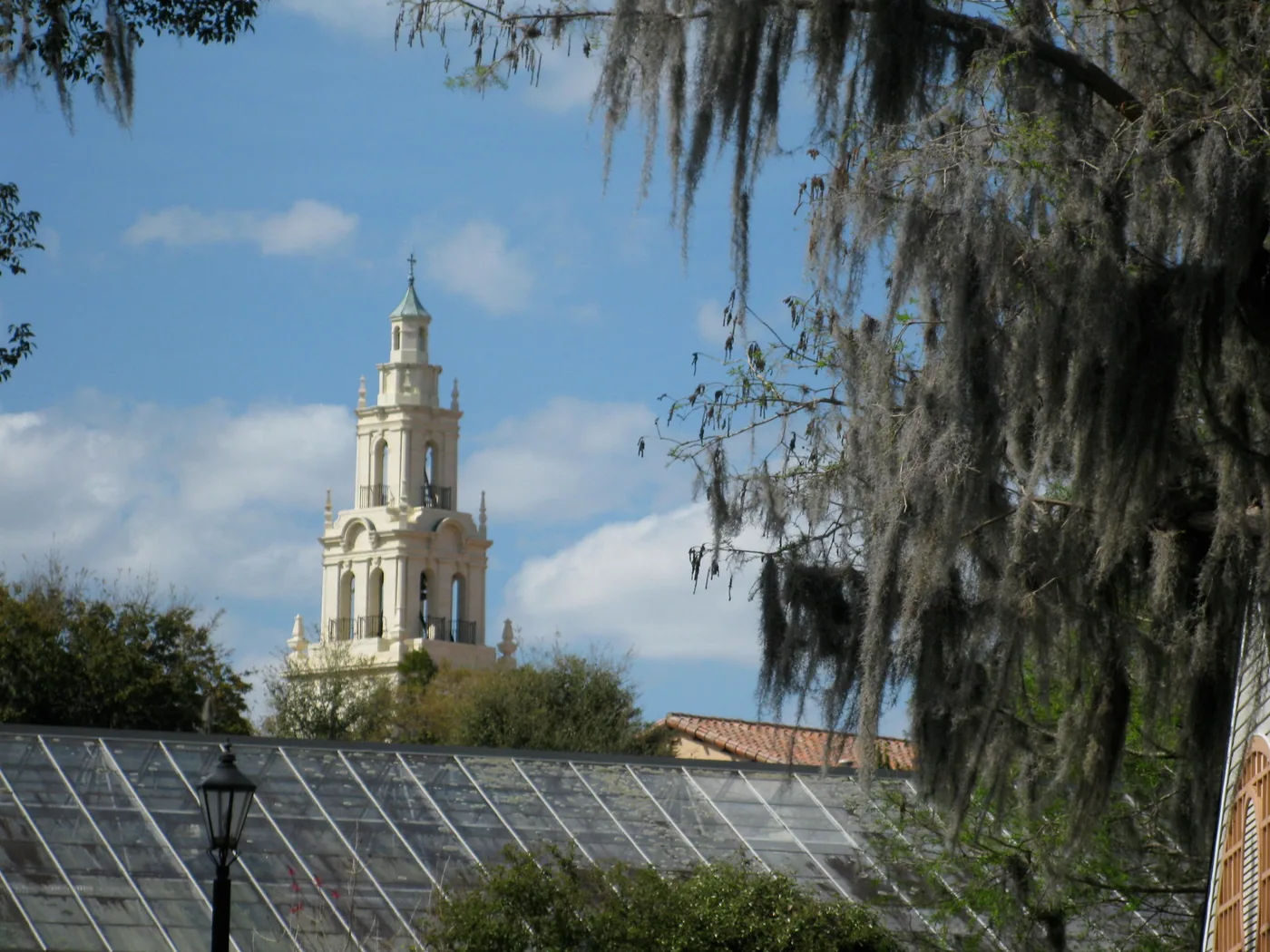 Rollins College's Knowles Memorial Chapel bell tower seen through hanging Spanish moss, on a Winter Park lakeshore