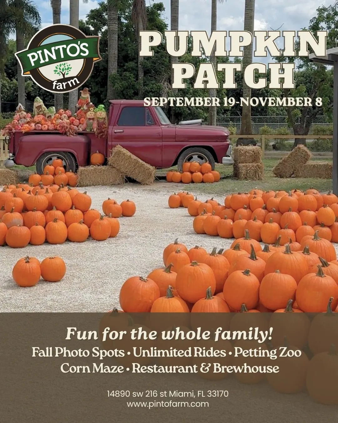 Pinto's Farm official 2026 Pumpkin Patch flyer, September 19 through November 8