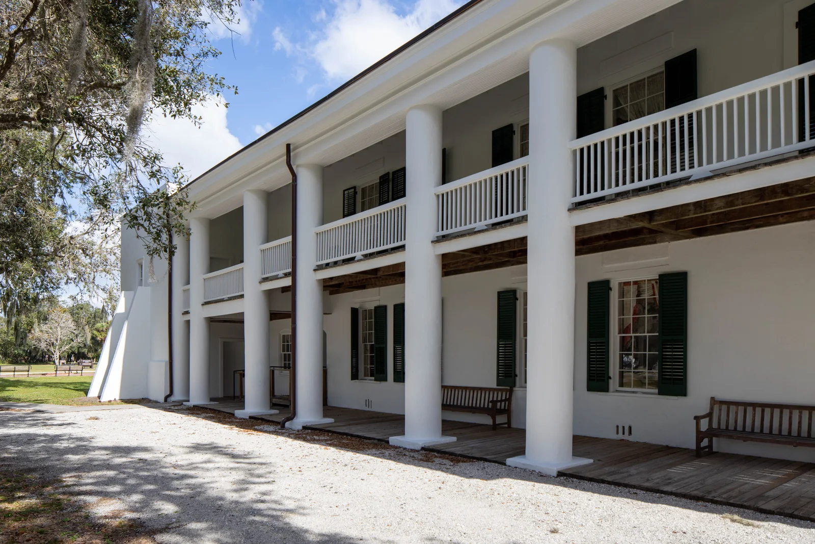 White columns and shaded verandas at Gamble Mansion in Ellenton